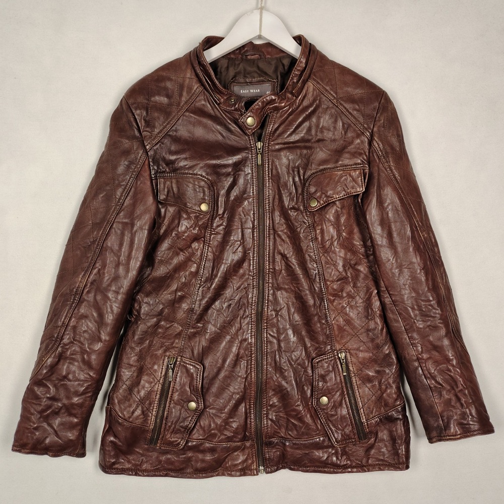 Easy Wear Brown Sheepskin Leather Moto Jacket Quilted Pockets Size EU 44